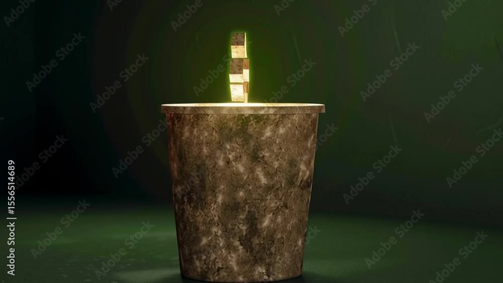 Poster artistic design of textured container illuminated by light, showcasing surreal geometric shapes that