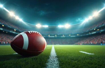 Football stadium night scene with bright lights, green field. American football ball on ground. Sports event, competition. Arena background with place for text. Super Bowl Sunday theme. Championship.