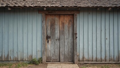 Weathered wooden door leads to a rustic horse stable. Vintage architecture, old home entrance. Wooden planks and blue wall with weathered paint and textured detail. Equestrian theme.