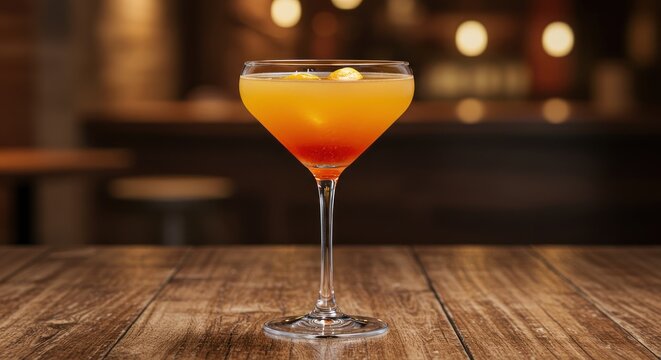 Colorful cocktail in a stemmed glass sits on a wooden surface indoors.