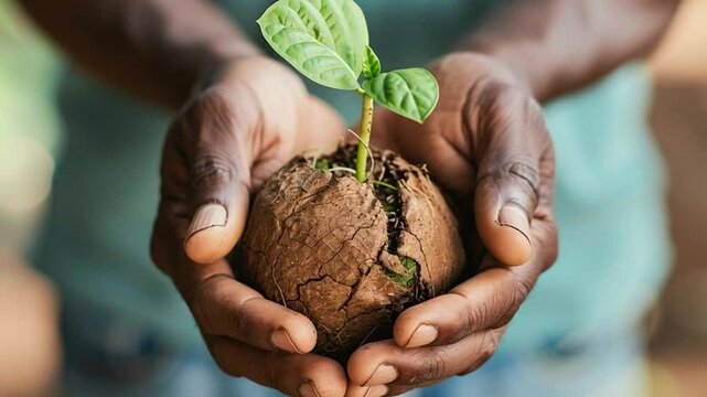 Nurturing Nature Hands Holding Seed Ball for Growth and Sustainability in Soil, Embracing Environmental Care and Connection.