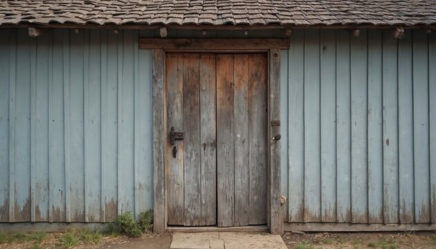 Weathered wooden door leads to a rustic horse stable. Vintage architecture, old home entrance. Wooden planks and blue wall with weathered paint and textured detail. Equestrian theme.