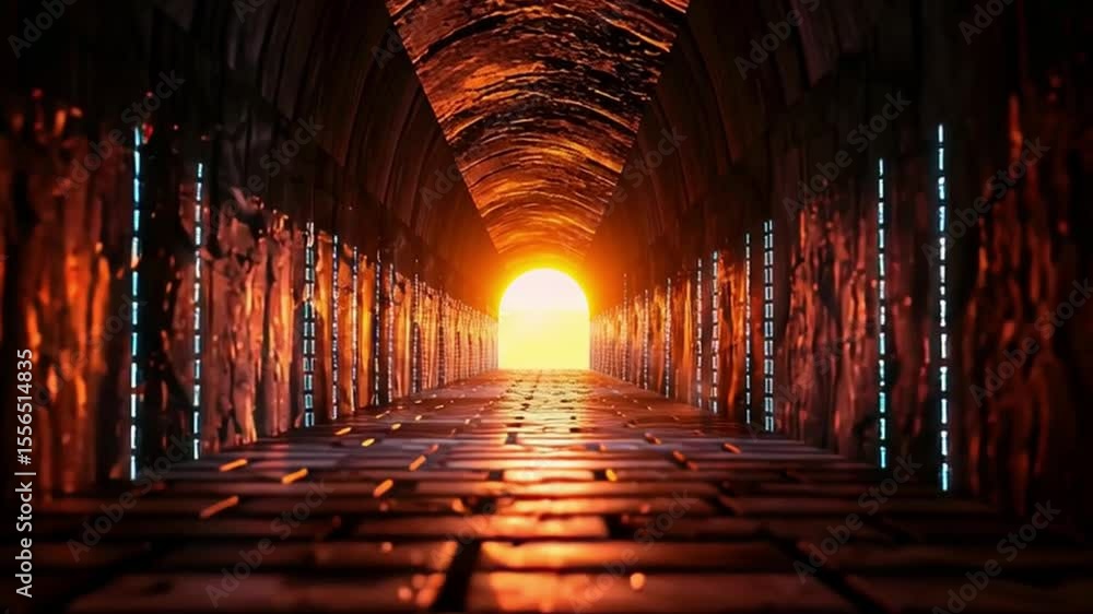 Poster stunning tunnel pathway with glowing brick walls leads to bright light, creating surreal journey of 
