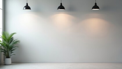 Simple modern studio background with subtle lighting. Light gray wall, black lamps, plant in pot create minimalistic interior design. Window for online presentations, copy space.