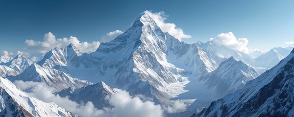 Scenic view of Mount Everest, world highest peak. Snowy mountain range under blue sky with clouds. Adventure travel, mountaineering, landscape photography, Nepal tourism.