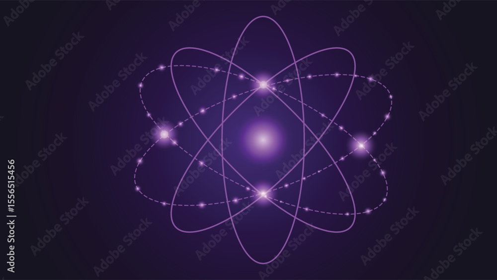 Poster modern abstract purple background featuring a glowing atom with dynamic electron orbits, perfect for