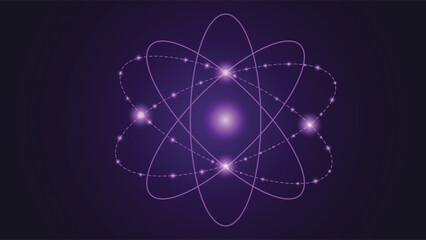 Modern abstract purple background featuring a glowing atom with dynamic electron orbits, perfect for science, technology, physics, energy, and futuristic themed creative projects.