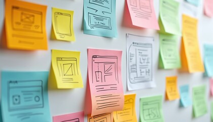 Colorful sticky notes with website wireframe sketches on whiteboard. Digital app project strategy concept, interface design. Workspace meeting bright, teamwork, idea, brainstorming, planning for web