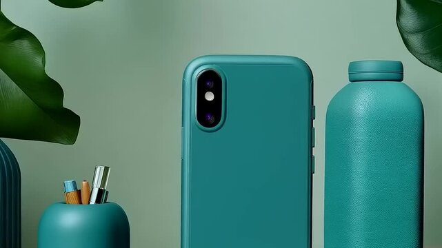Modern Product Display with Phone Case and Green Accents for Creative Marketing