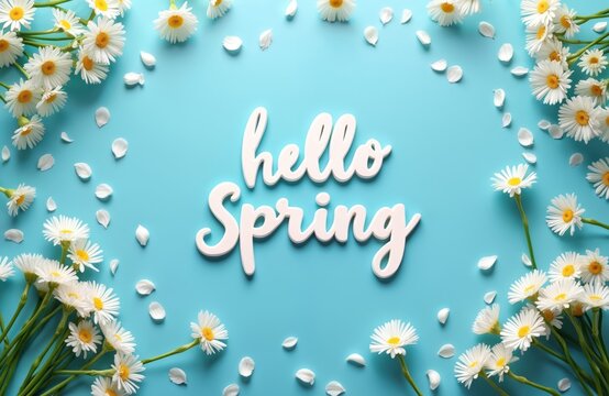 Fresh floral springtime design with daisies. White petals, yellow center, blue background. Hello Spring text, greeting card, poster, banner. Floral, bloom, blossom, spring flowers. For holidays, - Powered by Adobe
