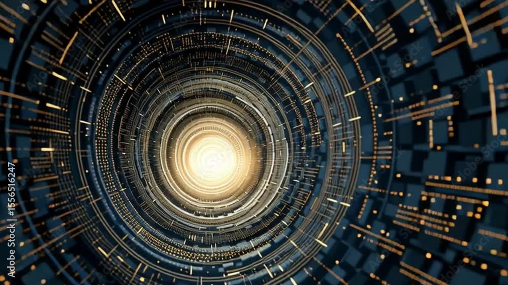 Poster mesmerizing abstract digital tunnel with glowing light, showcasing intricate patterns and depth, evo