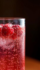 Sparkling Raspberry Drink in Glass Closeup Red Bubbles
