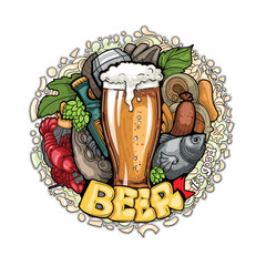 Set of vector doodle cartoon drawings. Composition of objects and symbols on the theme Beer market. Isolated illustrations.