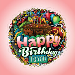 Set of vector doodle cartoon drawings. Composition of objects and symbols on the theme Happy Birthday. Isolated illustrations.
