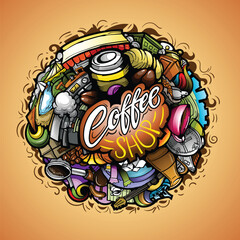 Set of vector doodle cartoon drawings. Composition of objects and symbols on the theme Coffee Shop. Isolated illustrations.