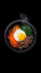 Steaming Bibimbap Bowl with Beef Carrots Egg Spinach
