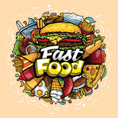 Set of vector doodle cartoon drawings. Composition of objects and symbols on the theme Fast Food. Isolated illustrations.