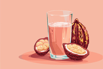 Vector illustration of cacao water in a glass and half of cacao fruit with palm leaves on a peach backdrop