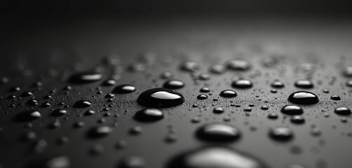 Close-up image shows water drops on dark surface. Raindrops macro on non-wetting black background. Water-repellent layer, liquid surface. Abstract background suitable for design and tech promo.