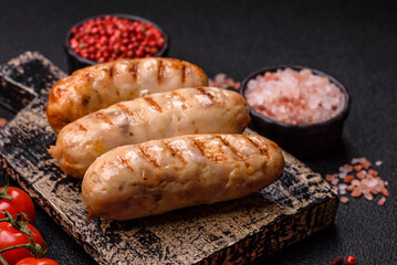 Grilled chicken or beef sausages, a hot meat dish. Barbecued sausages