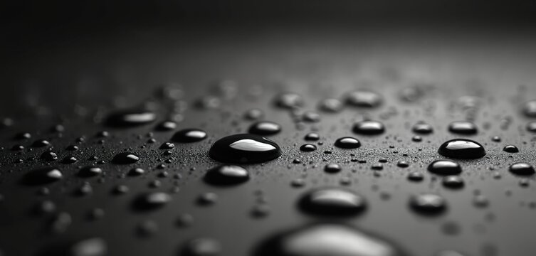 Close-up image shows water drops on dark surface. Raindrops macro on non-wetting black background. Water-repellent layer, liquid surface. Abstract background suitable for design and tech promo.