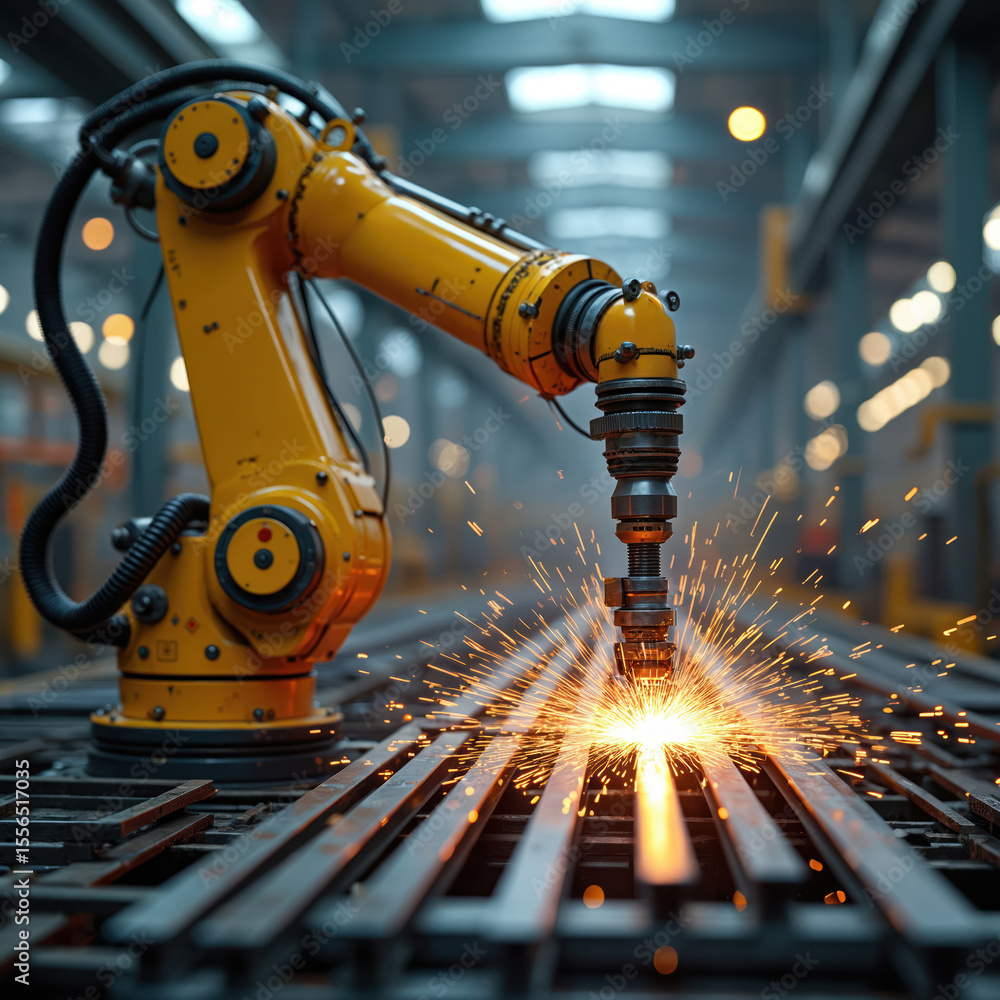 Poster robotic arm welding steel frames at manufacturing factory. sparks showcase advanced tech, automation