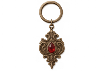 Vintage keychain with ornamental details and vibrant red jewel, resting against clean transparent surface