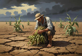A farmer standing on dry, cracked earth holding wilted crops