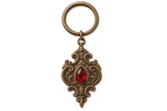 Vintage keychain with ornamental details and vibrant red jewel, resting against clean transparent surface