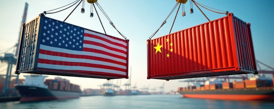 US and China trade relation concept. Container with USA flag next to container with China flag represent import export cargo. International shipping transport global commerce industry.