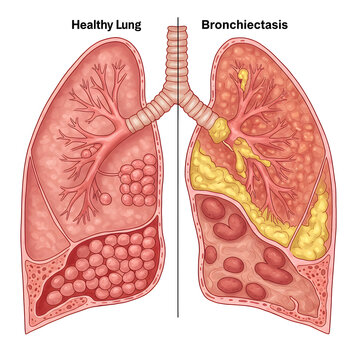 Comparative illustration displays a healthy human lung next to one with bronchiectasis showcasing the distinct visual differences.