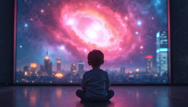 Young child watching cosmic nebula on giant screen. Futuristic city skyline forms background. Boy sits, looks at galaxy, stars, cosmos in awe. Science, education, technology, future exploration