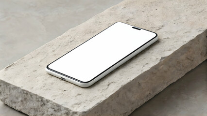 White smartphone mockup with minimal interface on stone block