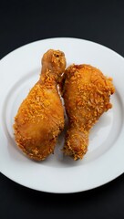 Two Crispy Fried Chicken Drumsticks White Plate golden brown
