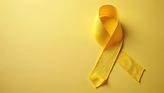 Yellow ribbon on yellow background. Concept for awareness, support of various health issues like endometriosis, microencephaly suicide prevention. Ribbon bow satin fabric texture. Copy space for text