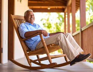 Senior man relaxing in a rocking chair on a porch