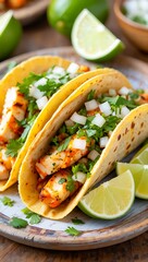 Two Grilled Chicken Tacos with Cilantro Onions and Lime Wedges
