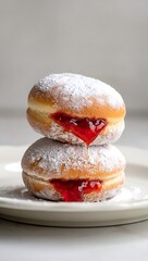 Two Powdered Sugar Donuts with Red Jelly Filling jelly donut