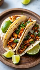 Three Grilled Chicken Tacos Wooden Plate Lime Wedges Cilantro Onions