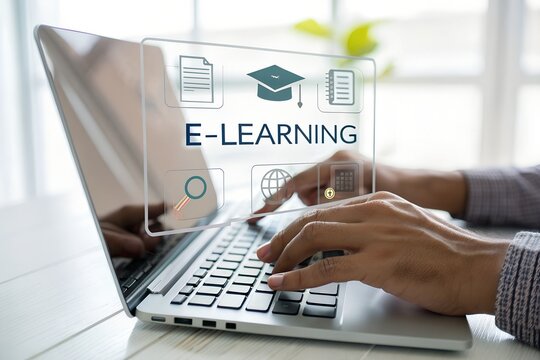 Person engages in E-learning using laptop with educational icons, representing digital education,virtual classroom,Modern distance learning powered by online platforms and interactive technology tools