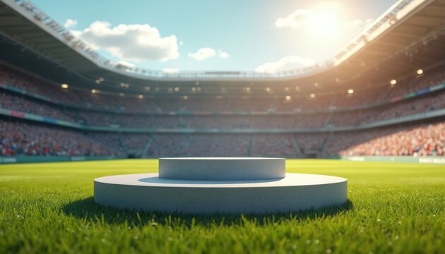 Podium stage at football stadium with green grass field. Competition or product presentation on display in front of grandstand filled with supporters. Place for champion or commercial product.