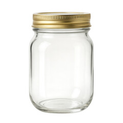 Clear glass mason jar with gold metal lid isolated on transparent background