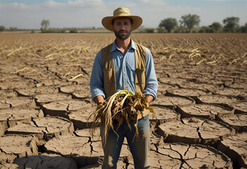 A farmer standing on dry, cracked earth holding wilted crops