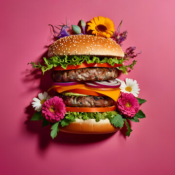 Naklejki A whimsical representation of a hamburger adorned with vibrant flowers on a colorful pink background. Unique food art blending culinary themes with floral beauty for creative and artistic expression.