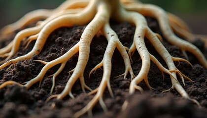 Macro shot shows plant roots in soil with fine details. Beige roots with branching, rootlets reach into dark soil. Nature eco background for gardening farming projects.