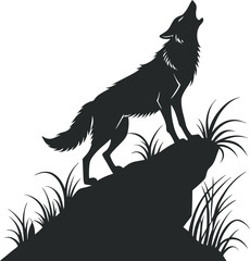 wolf howling silhouette A black silhouette of a wolf howling on a rock  Set of wolf silhouettes. Wolf silhouette isolated.