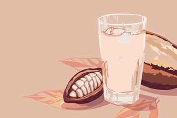 Vector illustration of cacao water in a glass and half of cacao fruit with palm leaves on a peach backdrop
