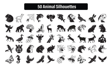 Fototapeta premium Vector Set of 50 Animal Silhouettes Wildlife Birds Mammals Insects Sea Life and Pets Icons