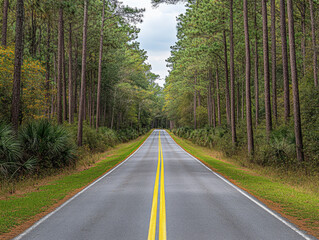 Fototapeta premium Straight road running through dense forest with tall trees on both sides, lush greenery, and cloudy sky overhead, creating peaceful and scenic rural landscape