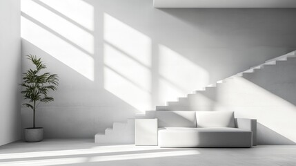 Obraz premium White minimalist interior design featuring stairs and a sofa.
